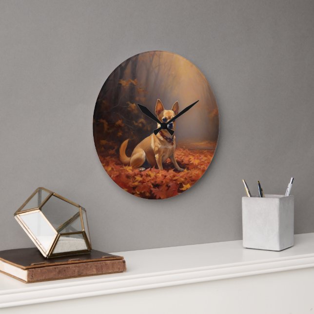 Chihuahua in Autumn Leaves Fall Inspire  Large Clock (Office)