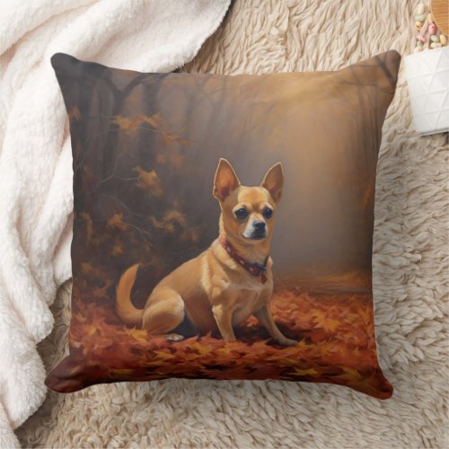 Chihuahua in Autumn Leaves Fall Inspire  Throw Pillow