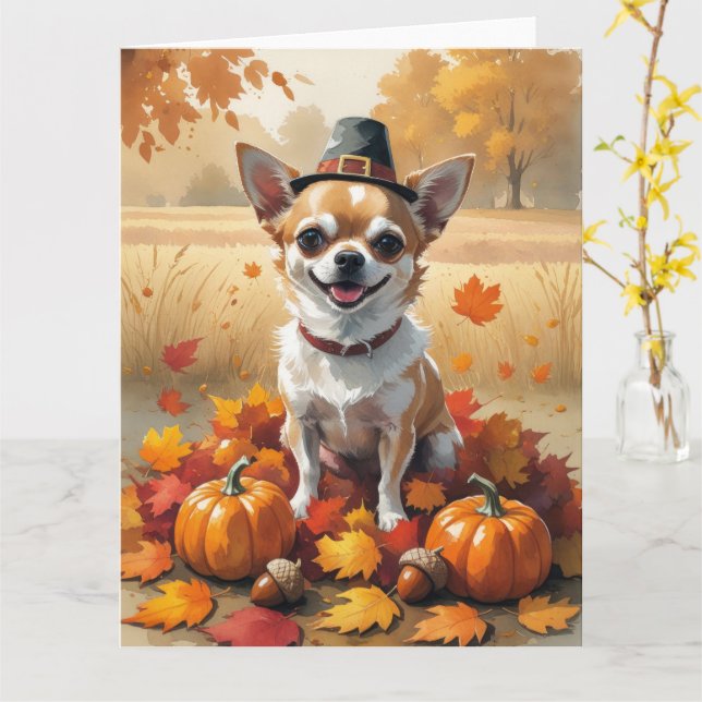 Chihuahua In Autumn Leaves Thanksgiving Art Card (Yellow Flower)