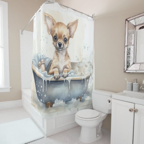 Chihuahua In Bathtub Watercolor Dog Art Shower Curtain