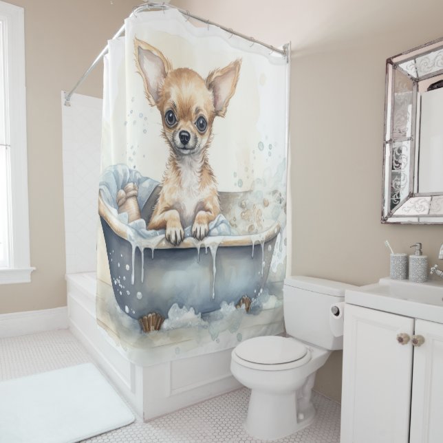 Chihuahua In Bathtub Watercolor Dog Art Shower Curtain (In Situ)