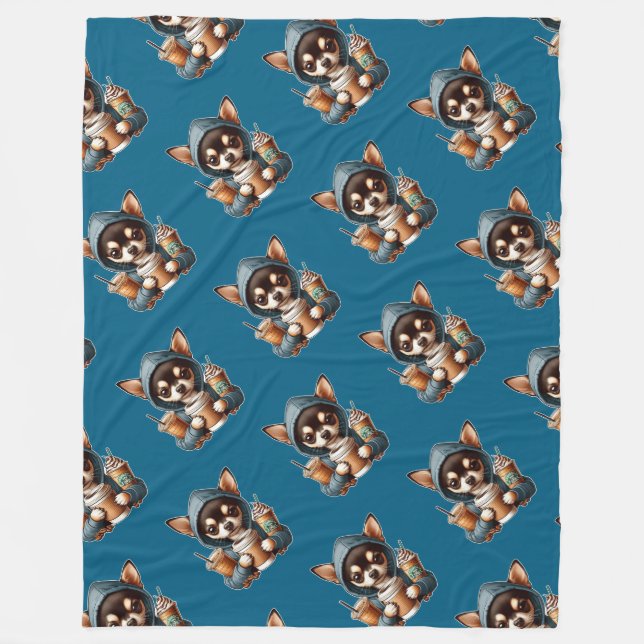 Chihuahua in Hooded Sweatshirt Holding Coffee Fleece Blanket (Front)