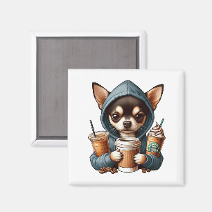 Chihuahua in Hooded Sweatshirt Holding Coffee Magnet