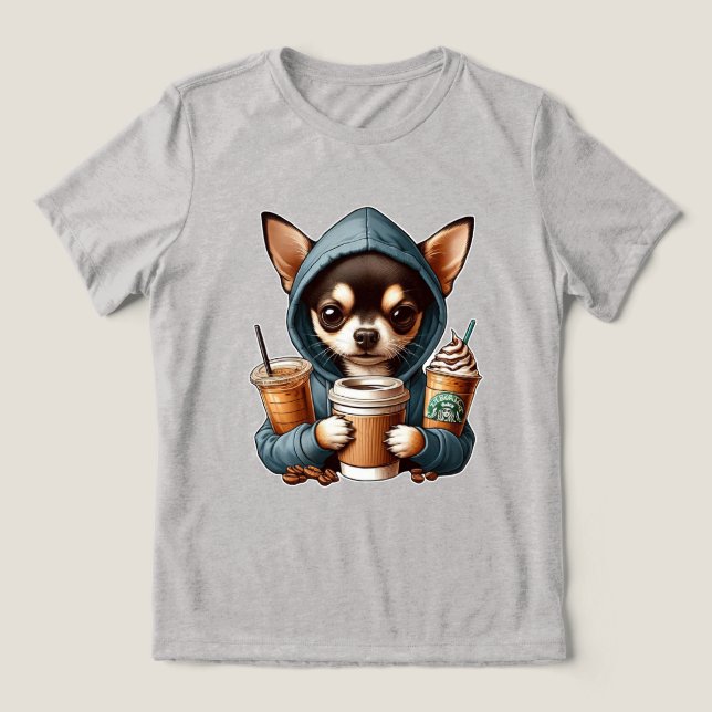 Chihuahua in Hooded Sweatshirt Holding Coffee  Tri-Blend Shirt (Design Front)