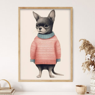Chihuahua In Pink Sweater, Funny Dog Decor, Cozy  Poster