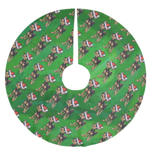 Chihuahua in Santa Hat Pattern On Green Brushed Polyester Tree Skirt (Front)