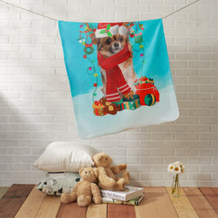Chihuahua in snow with Christmas gifts Baby Blanket