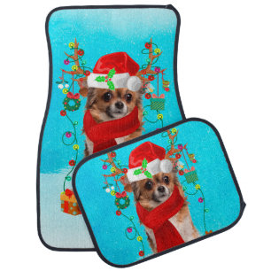 Chihuahua in snow with Christmas gifts Car Floor Mat