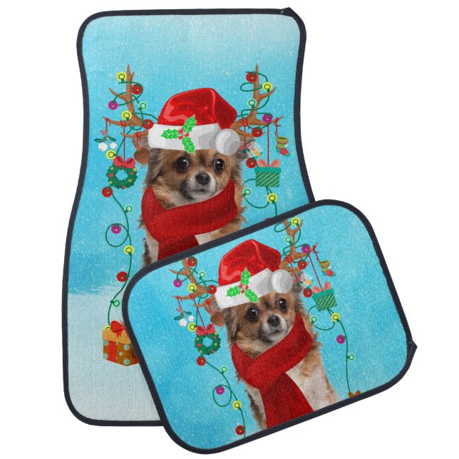 Chihuahua in snow with Christmas gifts Car Floor Mat (Set)