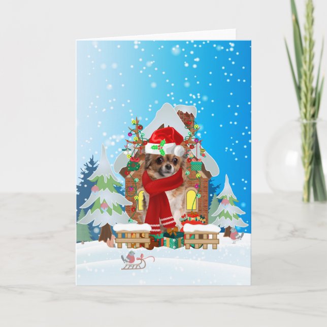 Chihuahua in snow with Christmas gifts Card (Front)