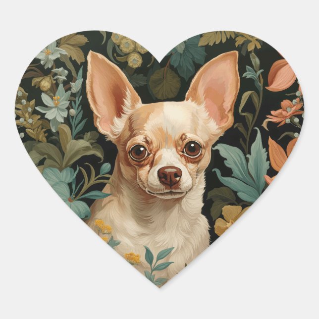 Chihuahua in the Style of William Morris Heart Sticker (Front)