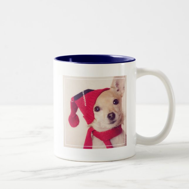 Chihuahua In Winter Cap Two-Tone Coffee Mug (Right)