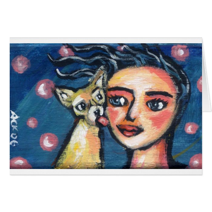 Chihuahua kisses woman's cheek greeting card