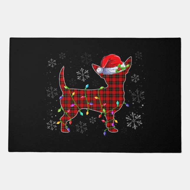 Chihuahua Light Red Plaid Hat Santa Lover Christma Doormat (Front)