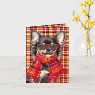 Chihuahua Long Hair Red Gold Plaid Monogrammed Card