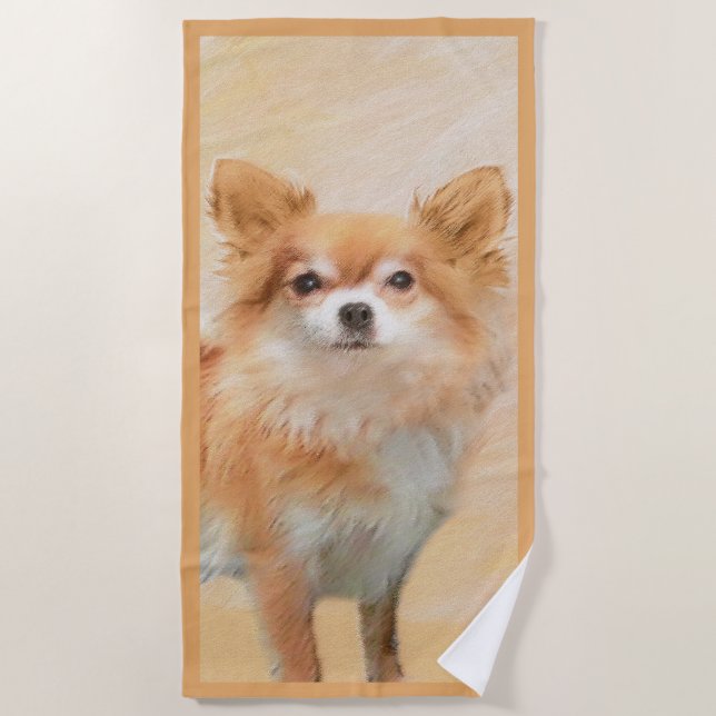Chihuahua Long-Haired Dog Painting Original Art Beach Towel (Front)