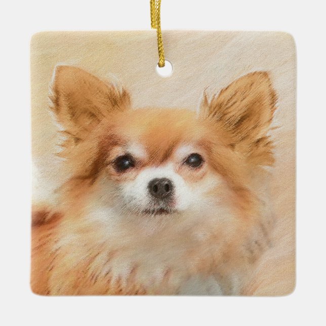 Chihuahua Long-Haired Dog Painting Original Art Ceramic Ornament (Front)