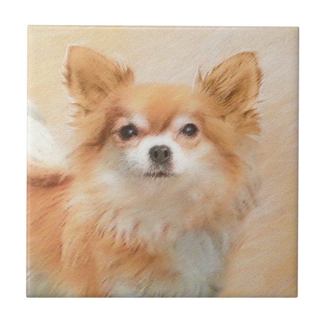 Chihuahua Long-Haired Dog Painting Original Art Ceramic Tile (Front)