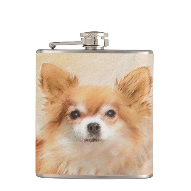 Chihuahua Long-Haired Dog Painting Original Art Flask (Front)
