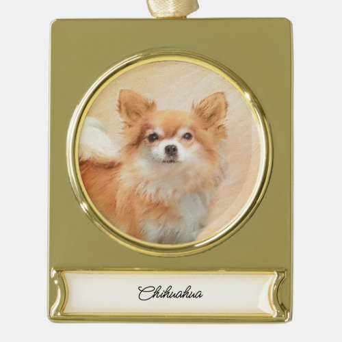 Chihuahua Long_Haired Dog Painting Original Art Gold Plated Banner Ornament