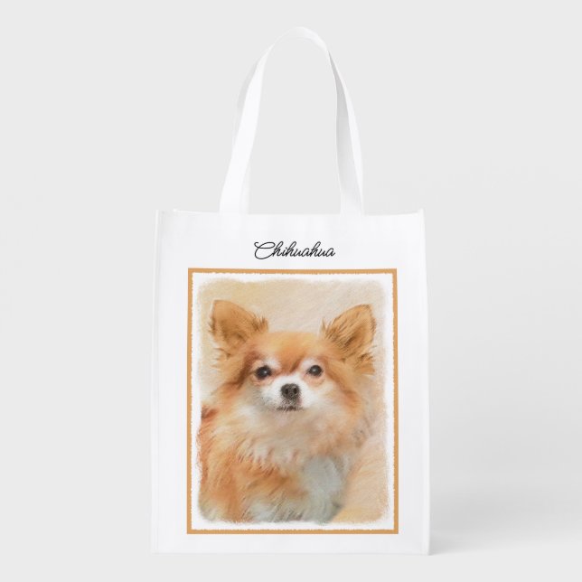 Chihuahua Long-Haired Dog Painting Original Art Grocery Bag (Back)