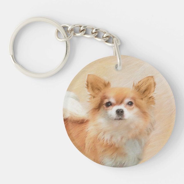 Chihuahua Long-Haired Dog Painting Original Art Keychain (Front)