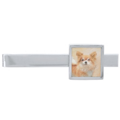 Chihuahua Long_Haired Dog Painting Original Art Silver Finish Tie Bar