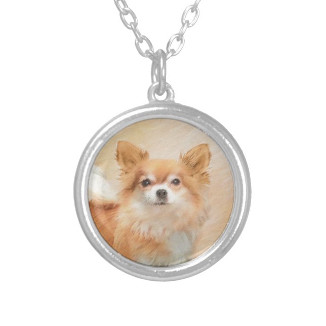 Chihuahua Long-Haired Dog Painting Original Art Silver Plated Necklace (Front)