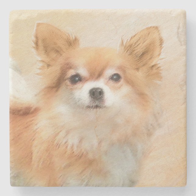 Chihuahua Long-Haired Dog Painting Original Art Stone Coaster (Front)