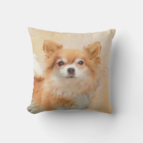 Chihuahua Long_Haired Dog Painting Original Art Throw Pillow