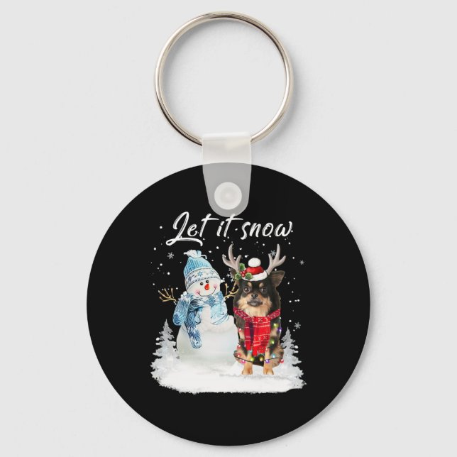 Chihuahua Long Haired Santa Dog Christmas Snowman  Keychain (Front)