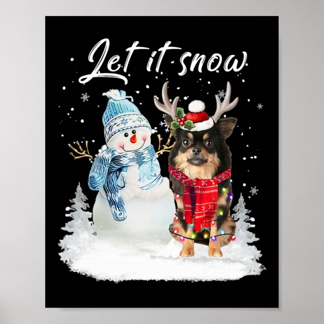 Chihuahua Long Haired Santa Dog Christmas Snowman  Poster (Front)