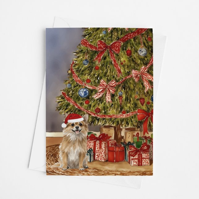 Chihuahua - Long Haired Watercolor Christmas Tree Card (Creator Uploaded)