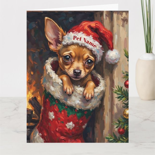 Chihuahua Nestled in Christmas Stocking Hat Card (Front)