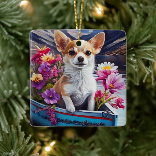 Chihuahua on a Paddle: A Scenic Adventure Ceramic Ornament