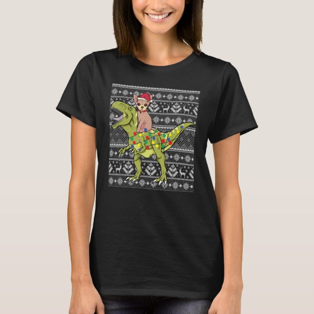 Chihuahua on trex dinosaur ugly Christmas sweater  (Front)