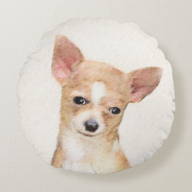 Chihuahua Painting - Cute Original Dog Art Round Pillow (Front)