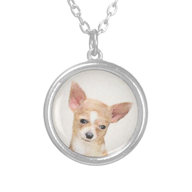 Chihuahua Painting - Cute Original Dog Art Silver Plated Necklace (Front)