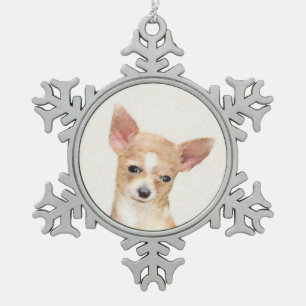 Chihuahua Painting - Cute Original Dog Art Snowflake Pewter Christmas Ornament