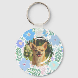 Chihuahua Pastel Blue Flower Wreath Custom Keychain