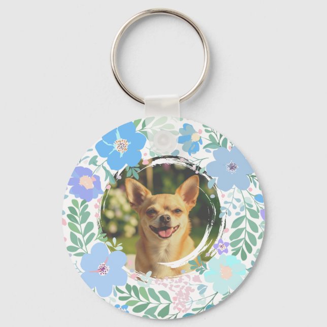 Chihuahua Pastel Blue Flower Wreath Custom Keychain (Back)
