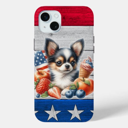 Chihuahua Patriotic Fruit USA Long Hair Chihuahua iPhone 15 Plus Case