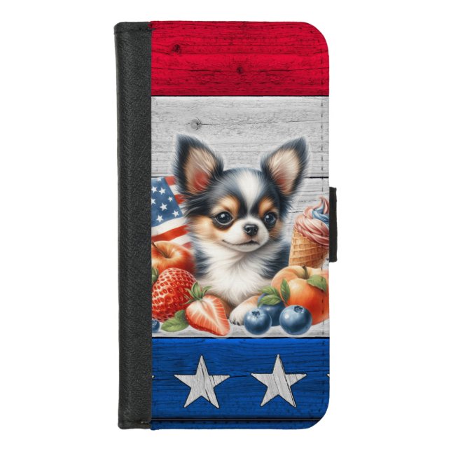 Chihuahua Patriotic Fruit USA Long Hair Chihuahua iPhone Wallet Case (Front)