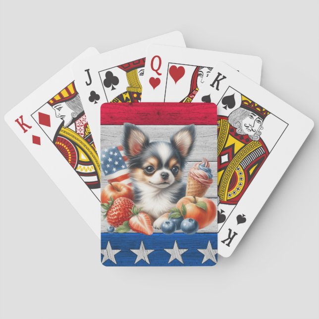 Chihuahua Patriotic Fruit USA Long Hair Chihuahua Poker Cards (Back)