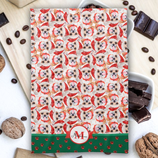 Chihuahua Pattern Monogram Christmas Dog Kitchen Towel (Creator Uploaded)