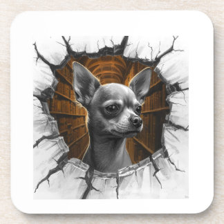 Chihuahua Peers Through A Grey Wooden Wall Beverage Coaster