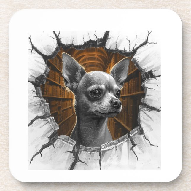 Chihuahua Peers Through A Grey Wooden Wall Beverage Coaster (Front)