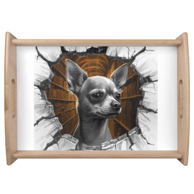 Chihuahua Peers Through A Grey Wooden Wall Serving Tray (Front)