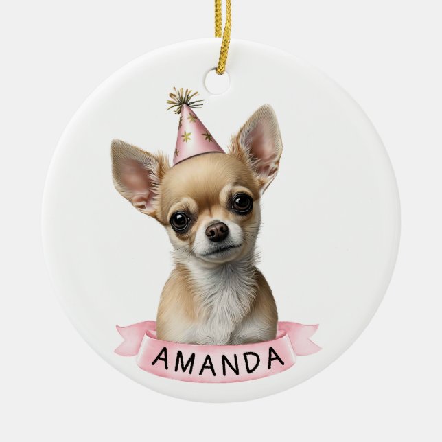 Chihuahua Pink Girly Name Watercolor Cute Ceramic Ornament (Front)