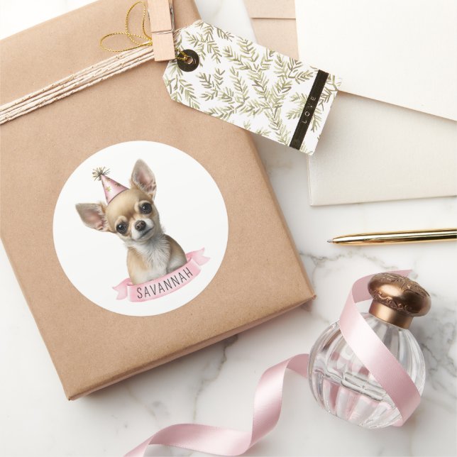 Chihuahua Pink Whimsical Cute illustration  Classic Round Sticker (Gifting)